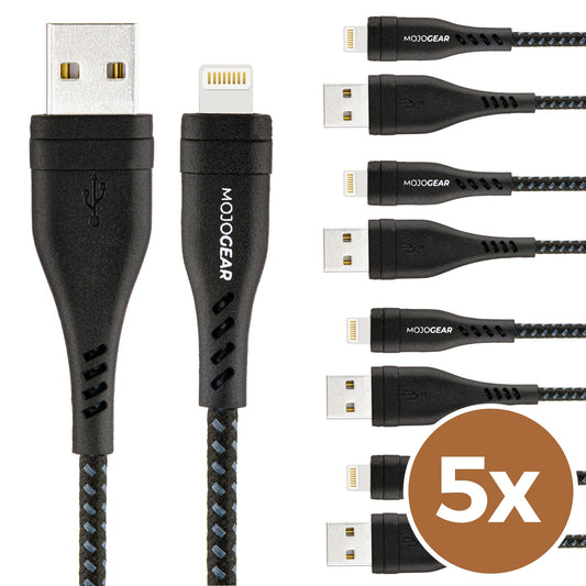 5x MOJOGEAR Apple Lightning naar USB kabel Extra Sterk [VOORDEELVERPAKKING] - Telefoonkabels