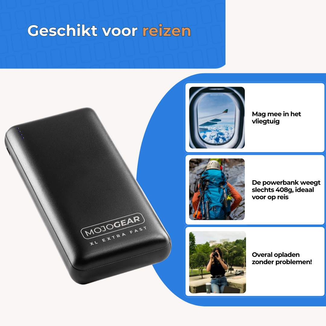 MOJOGEAR MINI XL 20.000 mAh EXTRA FAST powerbank met USB-C naar USB kabel Extra Sterk 3m - Powerbanks