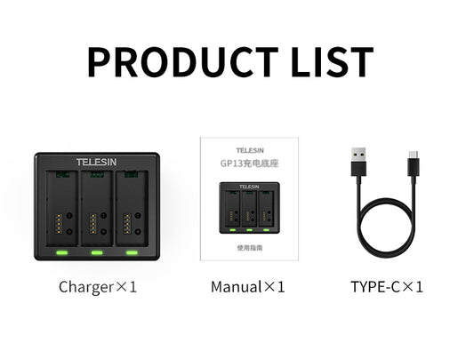 Telesin Triple batterij oplader voor 3 batterijen - GoPro Hero 13 - GoPro Accu's en opladers