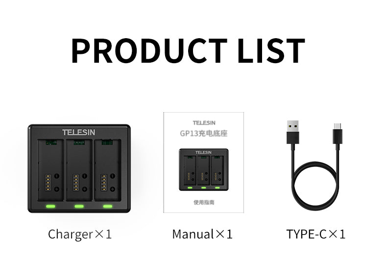 Telesin Triple batterij oplader voor 3 batterijen - GoPro Hero 13 - GoPro Accu's en opladers