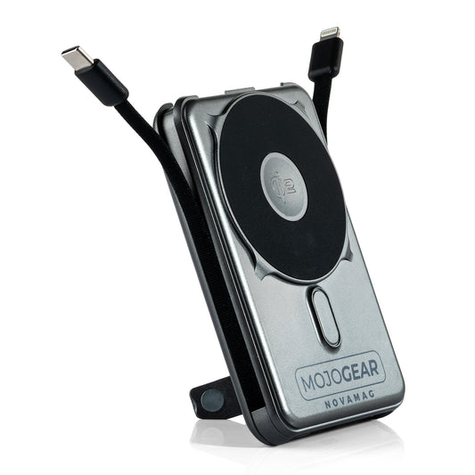 MOJOGEAR NovaMag All-in-1 Powerbank 10.000 mAh – Draadloos Qi2 & ingebouwde kabels – Grijs - Powerbanks
