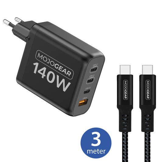 MOJOGEAR CHARGE+ 140 Watt oplader met USB-C naar USB-C kabel 3 meter | Geschikt voor Samsung/iPhone 15/16 - Opladers