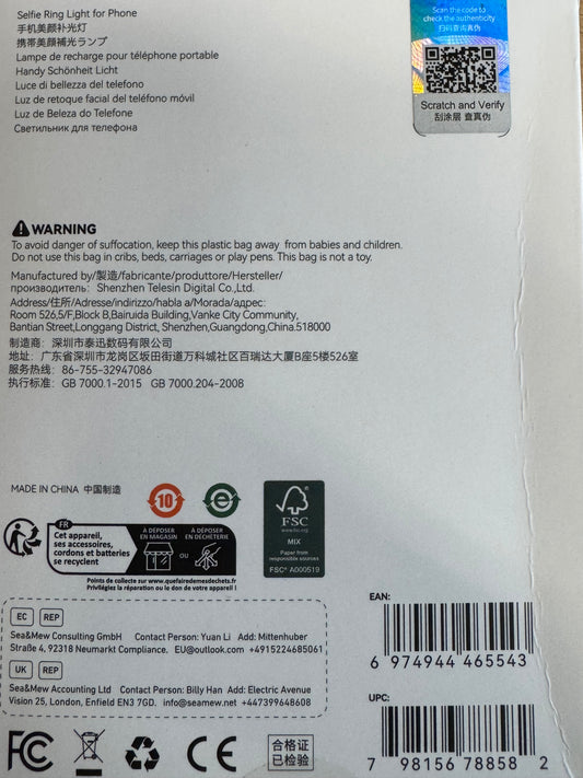 Telesin Mini Selfie Ringlamp met klem voor smartphone - wit - Videoverlichting