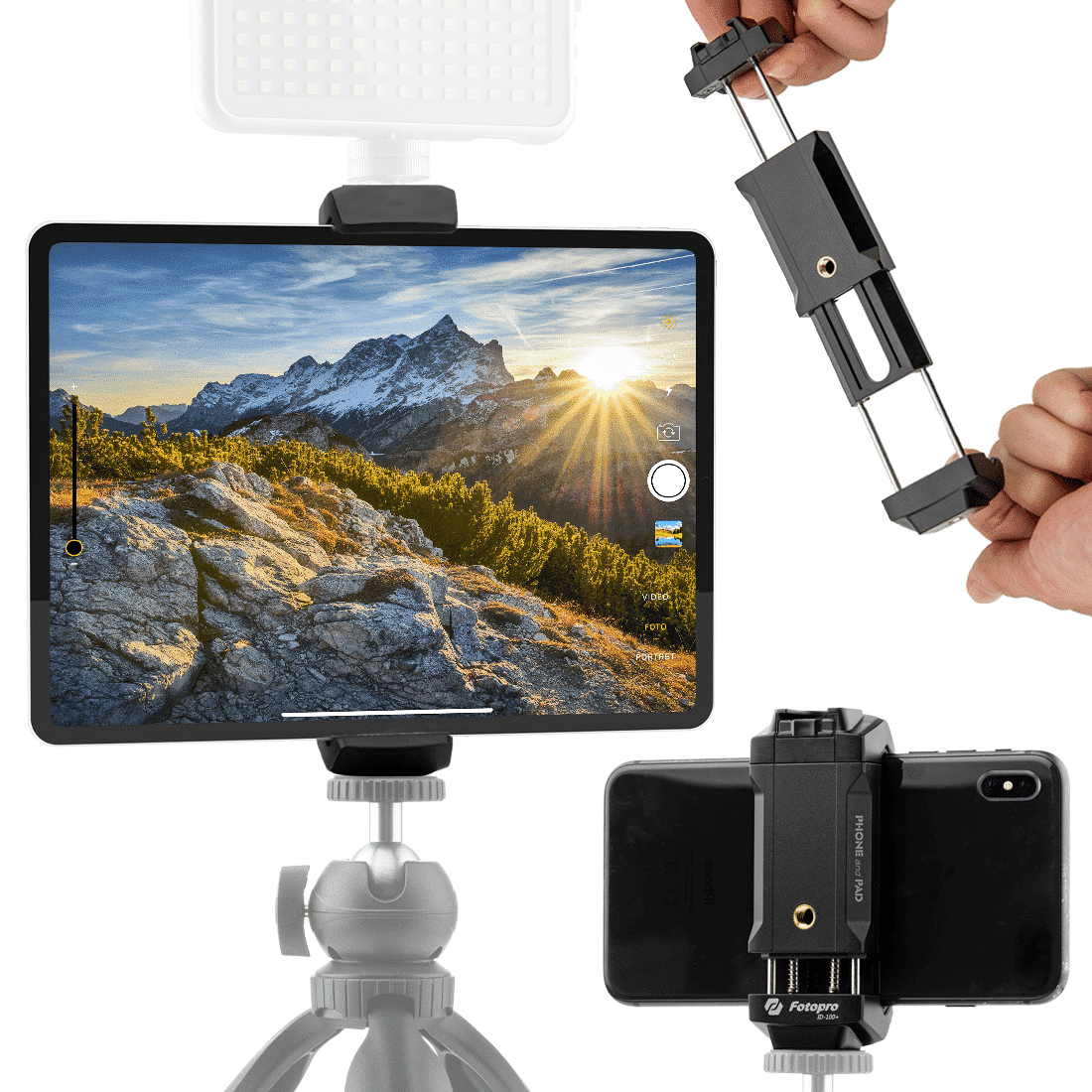 Fotopro Telefoon- & Tablet houder voor statief met Cold Shoe-mount ID-100+ - Telefoonhouders