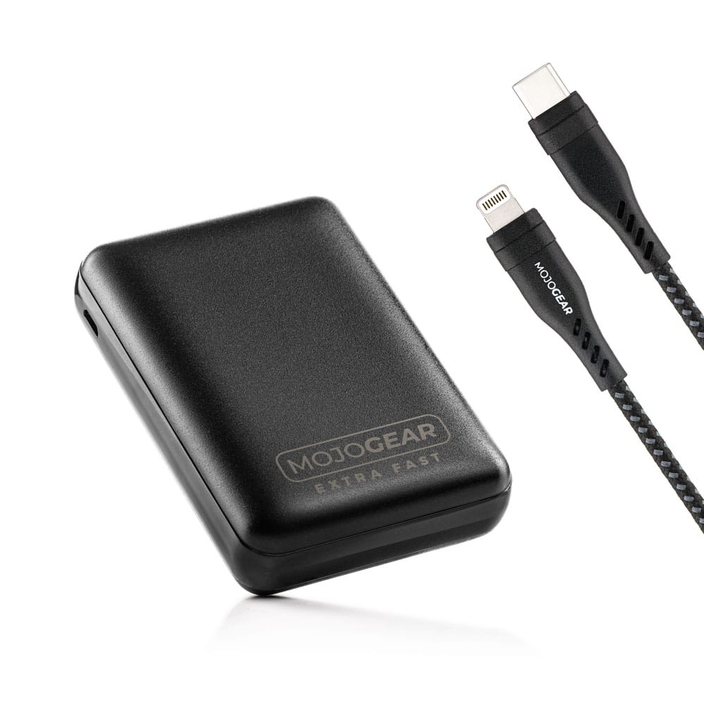 MOJOGEAR Fast Charging set for iPhone and iPad: 10.000mAh MINI Extra Fast power bank + Lightning to USB-C cable.