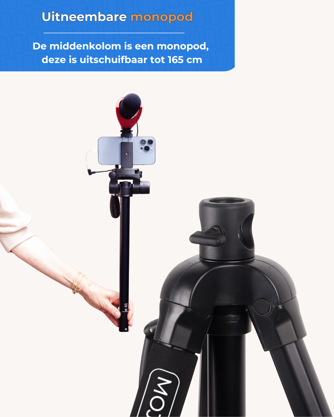 MOJOGEAR 179cm 3-in-1 statief: driepoot, monopod & horizontale arm - Grote statieven