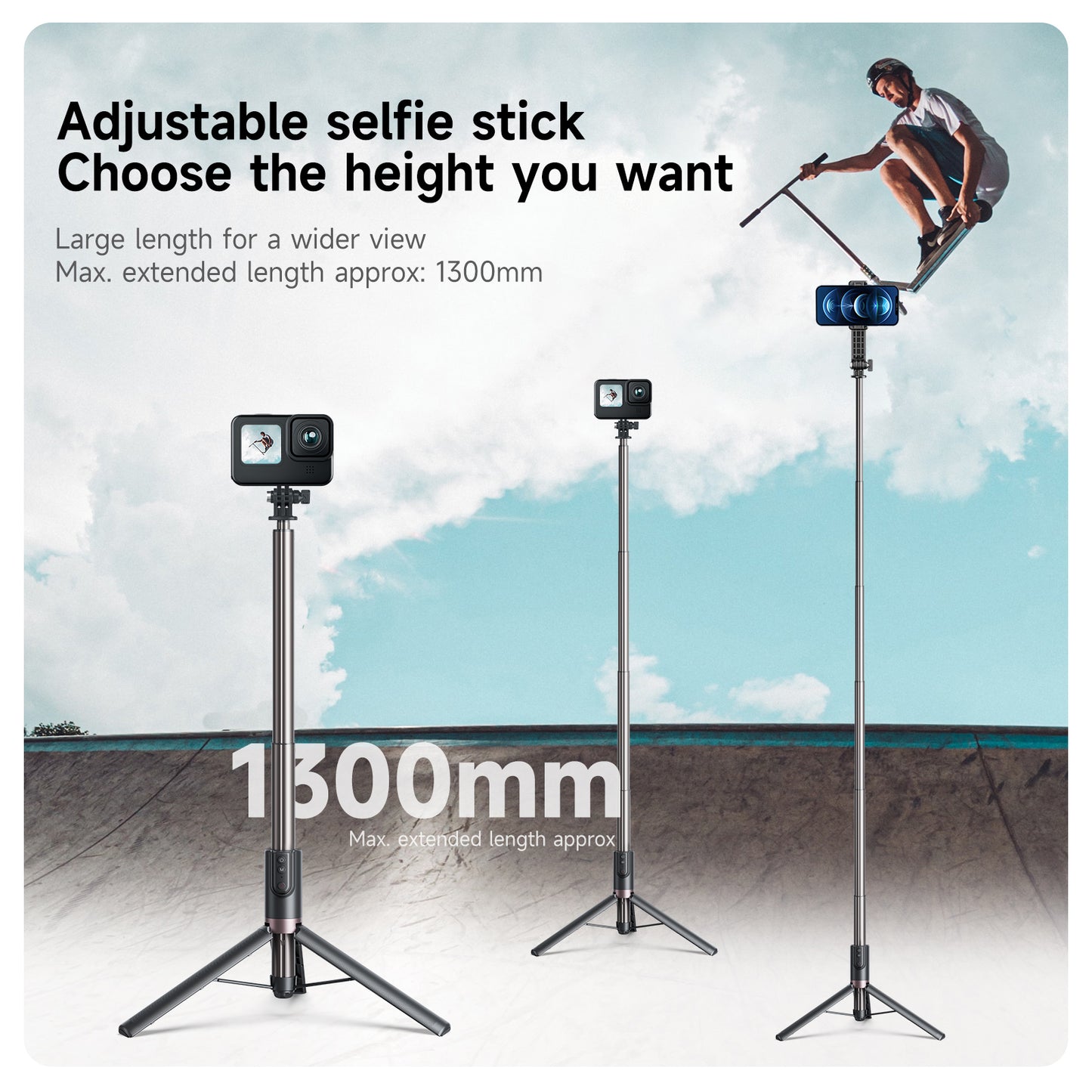 Telesin RCSS-003 Selfie Stick tripod 130 cm - with Bluetooth remote control