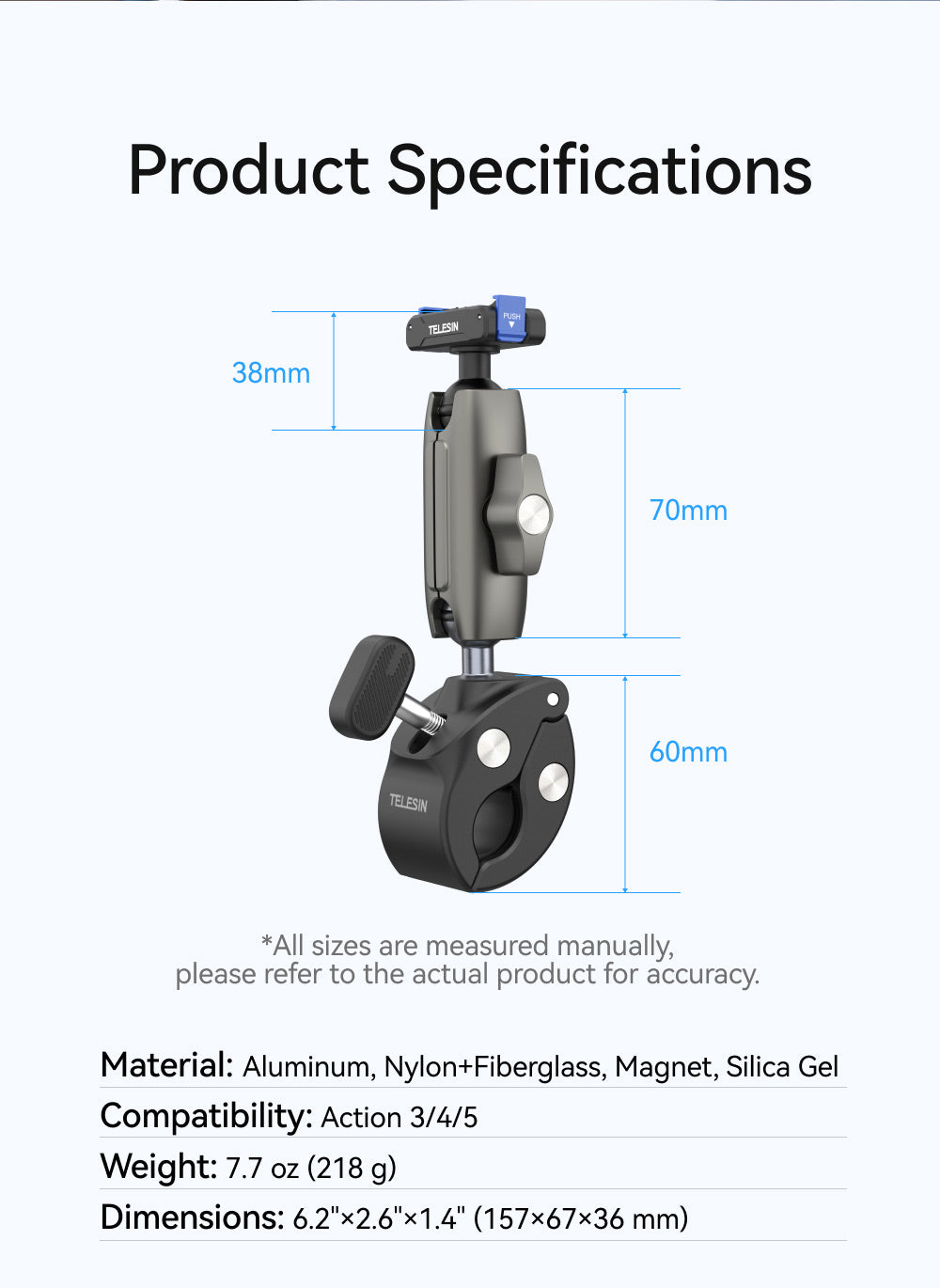 Telesin Tube Clamp voor DJI Osmo Action 3/4/5/6 - Grijs - GoPro Mounts