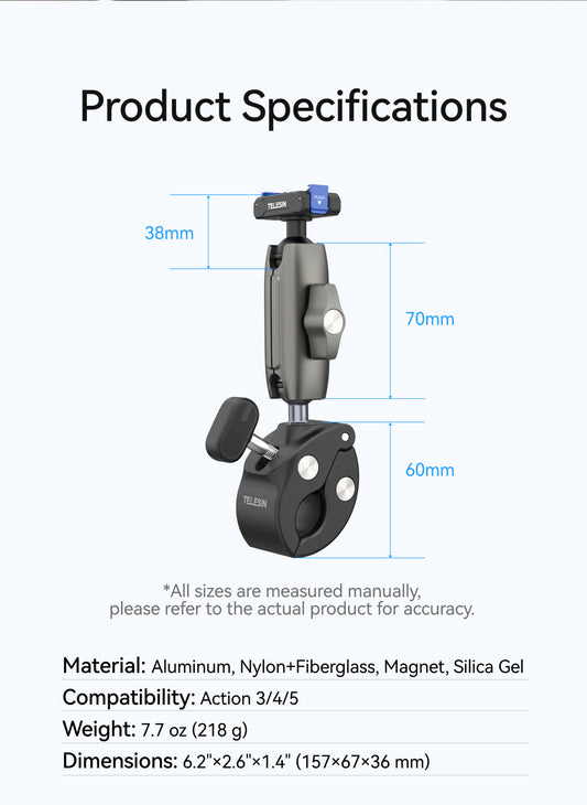 Telesin Tube Clamp voor DJI Osmo Action 3/4/5/6 - Grijs - GoPro Mounts