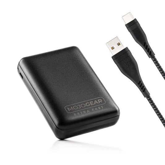 MOJOGEAR Fast Charging set for Android: 10.000mAh MINI Extra Fast power bank + USB to USB-C cable.