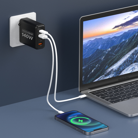 MOJOGEAR CHARGE+ 140 Watt oplader met USB naar USB-C kabel 1,5 meter | Geschikt voor Samsung/iPhone 15/16 - Opladers