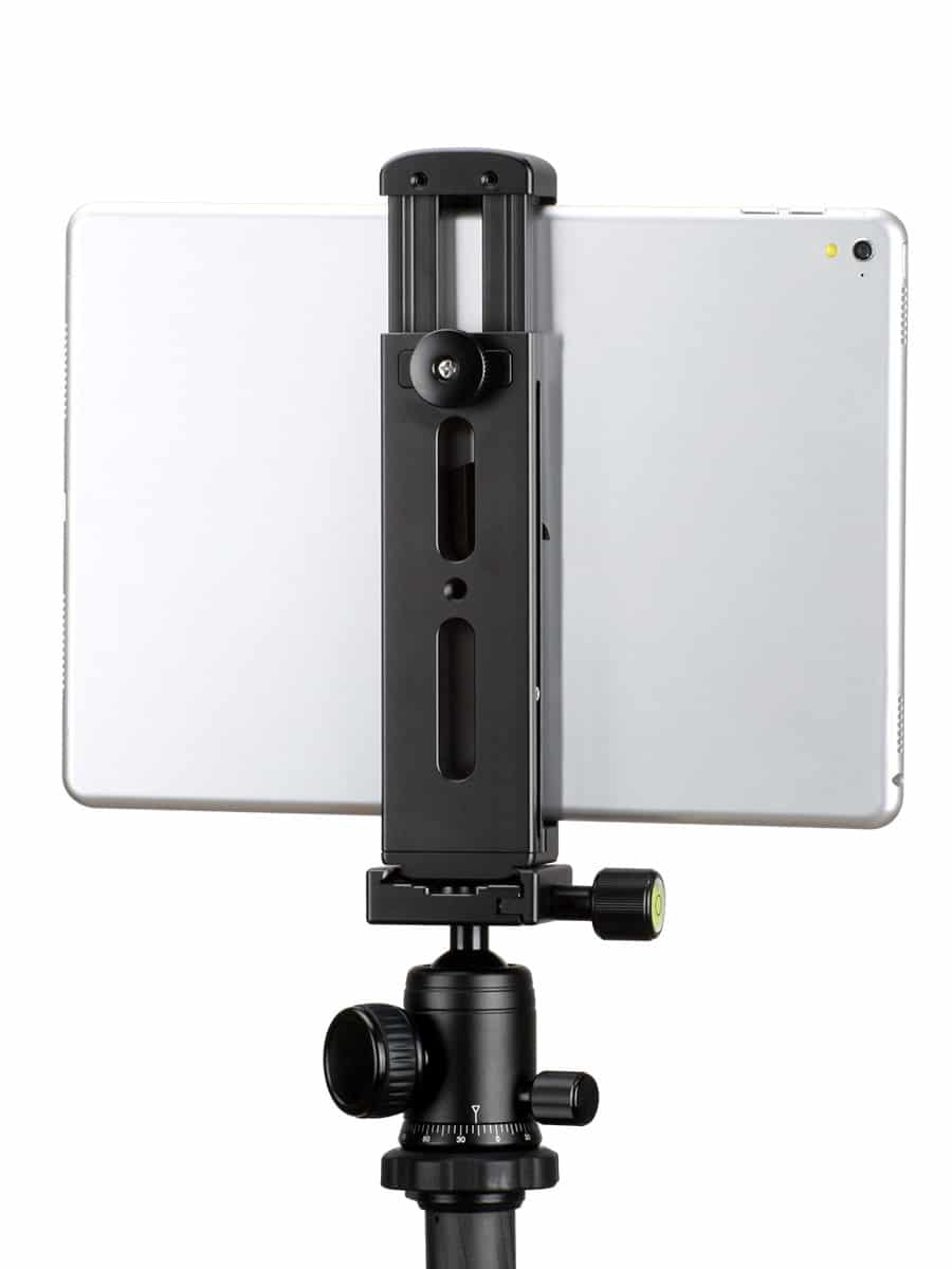 Home office set for tablet and iPad: metal tablet holder + adjustable tabletop tripod