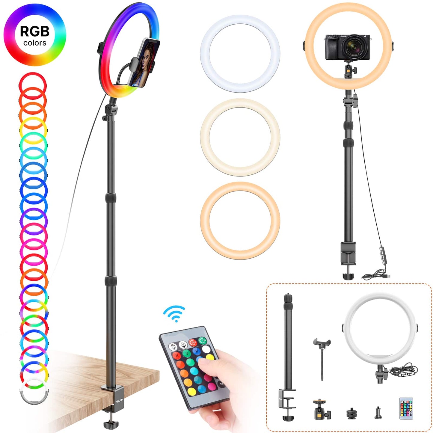 VIJIM K10 RGB Desktop Ringlamp met uitschuifbaar statief en tafelklem - Ringlampen