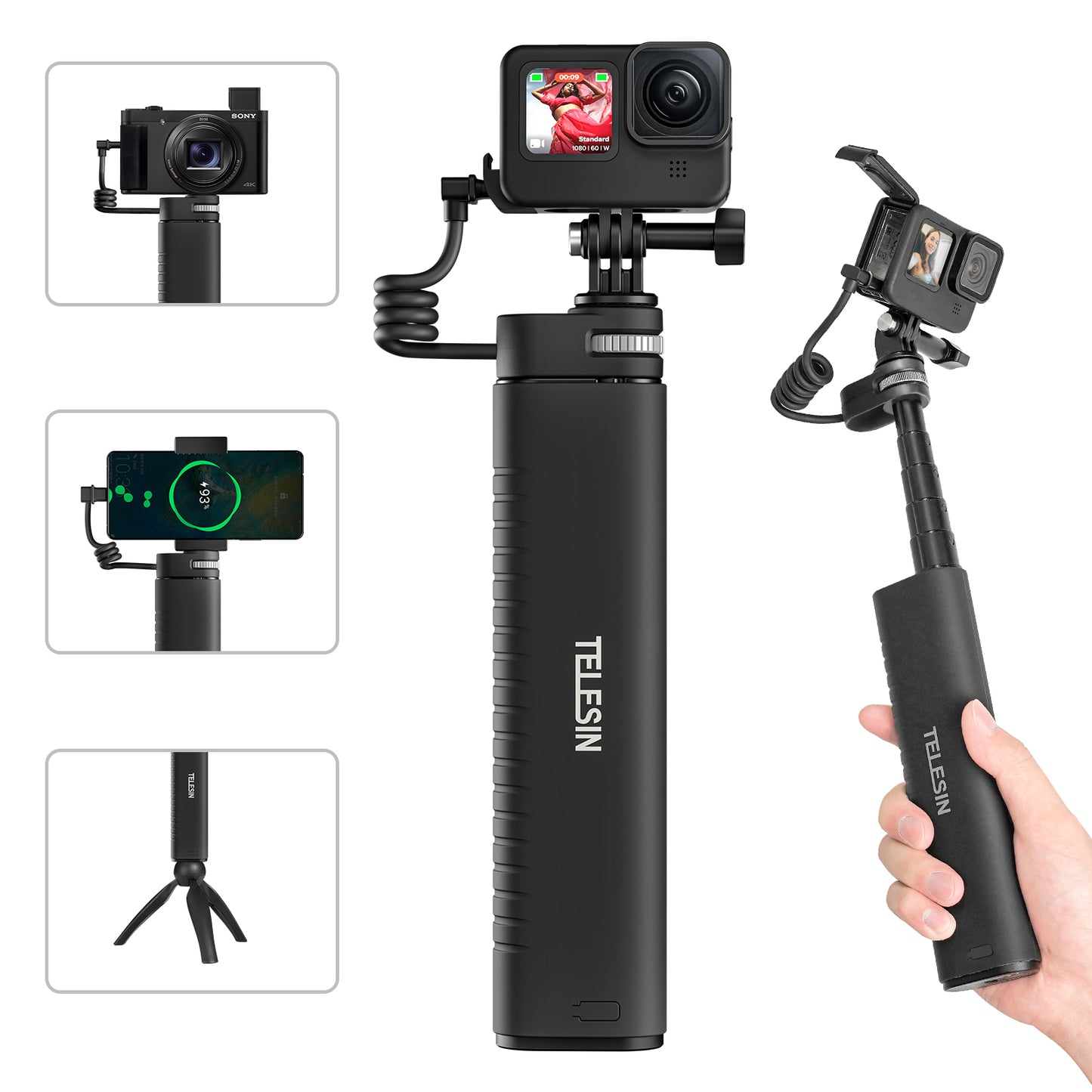 Telesin CSS-001 oplaadbare selfiestick 90cm - 10.000 mAh powerbank -