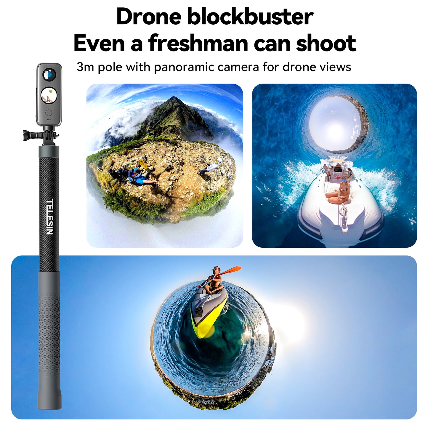 Telesin 3 meter Premium Selfie Stick voor GoPro - Carbon - GoPro Selfie sticks