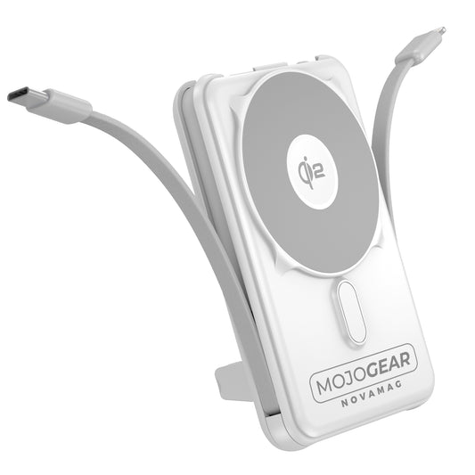 MOJOGEAR NovaMag All-in-1 Powerbank 10,000 mAh – Wireless Qi2 & Built-in Cables – White