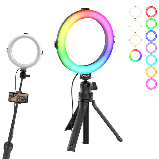 VIJIM K9 RGB Ringlamp met selfie stick-statief en telefoonhouder - 10 kleuren - Ringlampen