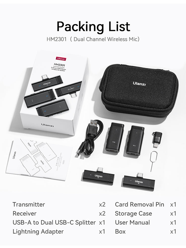 Ulanzi HM2301 Draadloze microfoon met 2 zenders - Draadloze microfoons