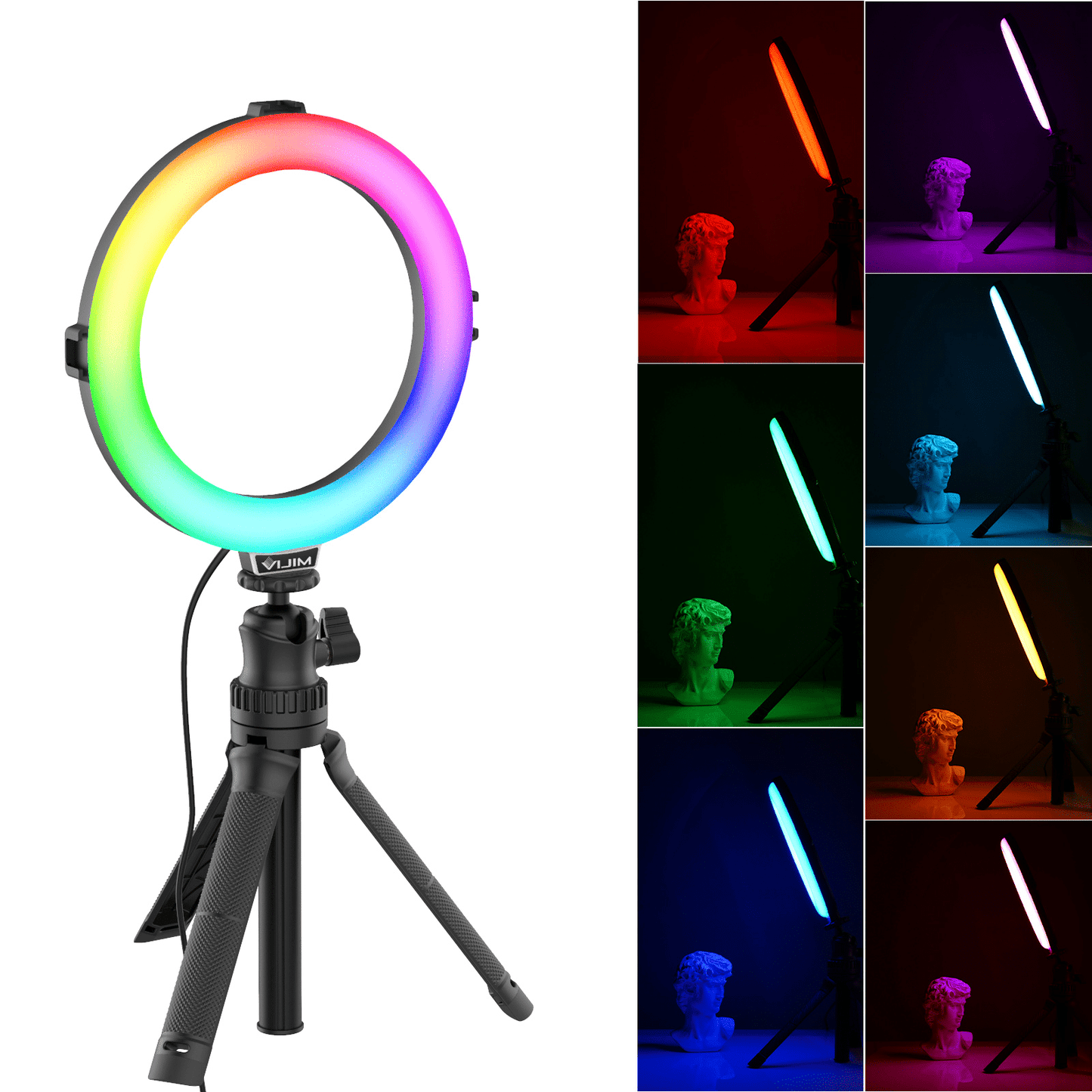 VIJIM K9 RGB Ringlamp met selfie stick-statief en telefoonhouder - 10 kleuren - Ringlampen