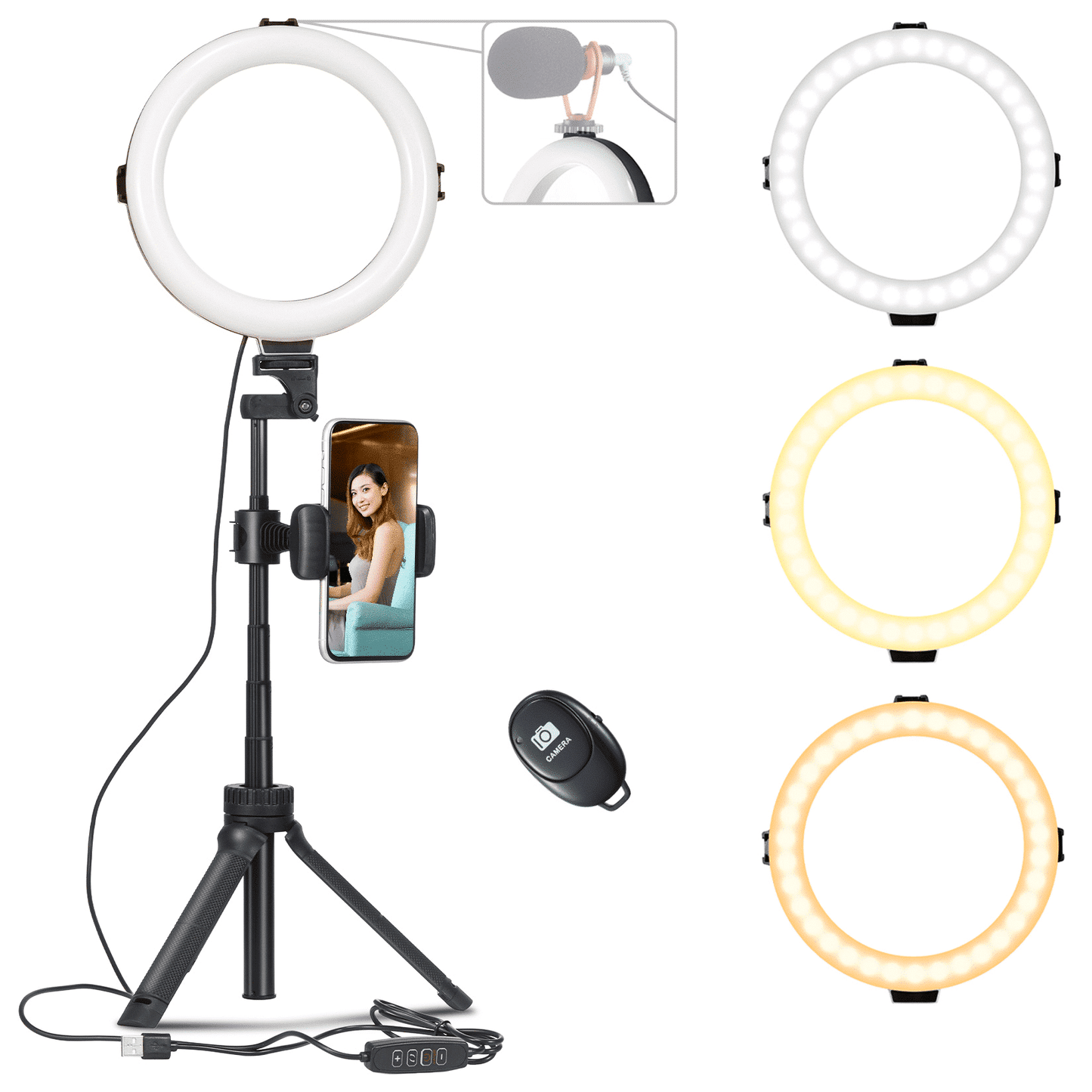 2x VIJIM Ring lamp with tripod, phone holder and bluetooth remote control