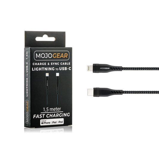 MOJOGEAR CHARGE+ 65W snellader voor iPhone & iPad met 2x Lightning naar USB-C kabel 1,5 meter