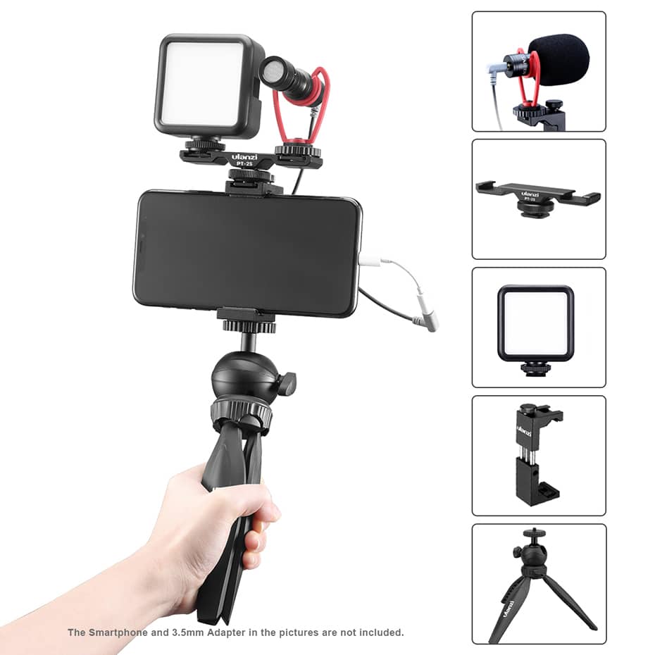 Ulanzi Smartphone vlog KIT EXTRA: mini-statief, telefoonhouder, dual cold shoe-mount, microfoon & LED-lamp - Ministatieven