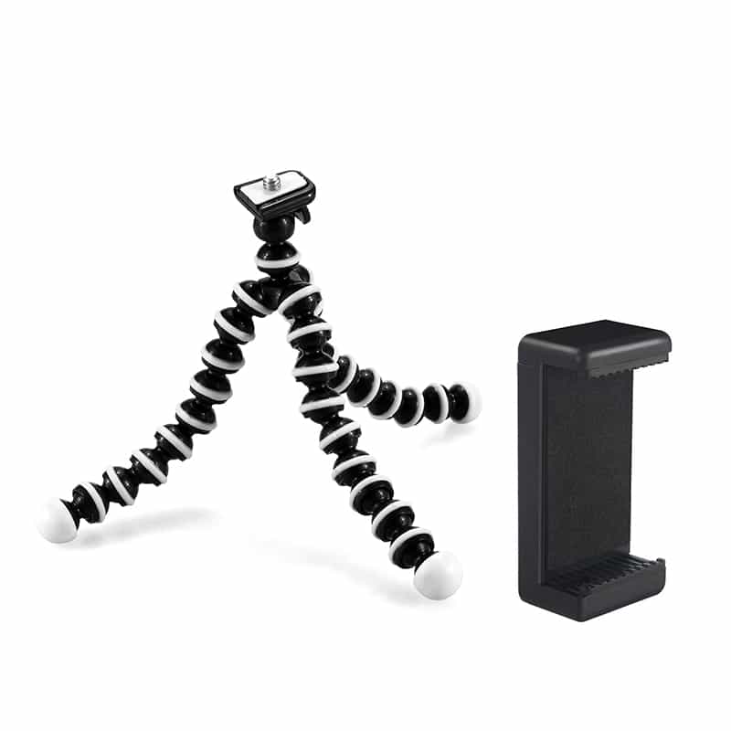 Flexibel mini-statief met extra flexibele poten KIT: incl. telefoonhouder, bluetooth remote, GoPro-adapter & opbergzakje - Flexibele statieven