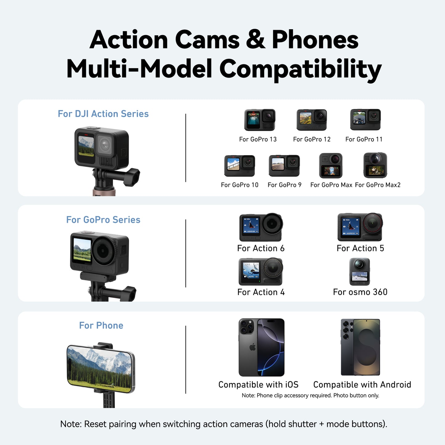 Telesin Vlog Selfie Stick for GoPro, DJI and Smartphone - With Bluetooth remote