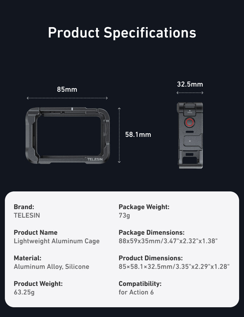 Telesin Metal Cage for DJI Osmo Action 6 - Gray