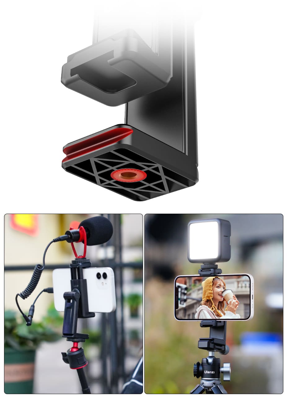 Ulanzi ST-22 360º rotatable and tiltable phone holder for tripod - with 2 Cold Shoe Mounts