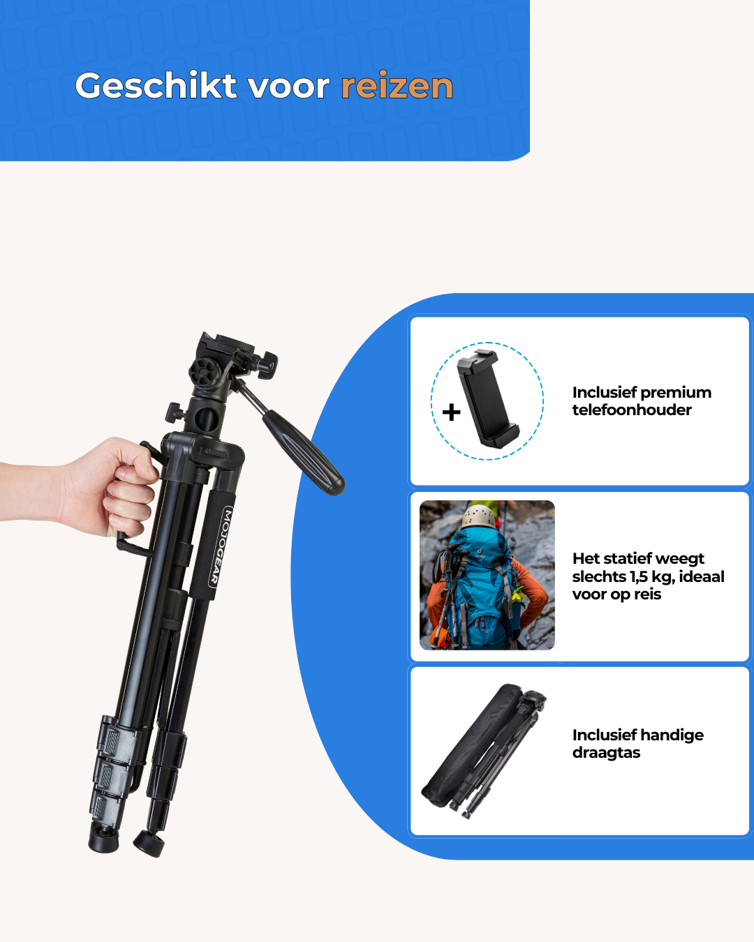 MOJOGEAR 167cm 3-in-1 statief: driepoot, monopod & horizontale arm - Grote statieven