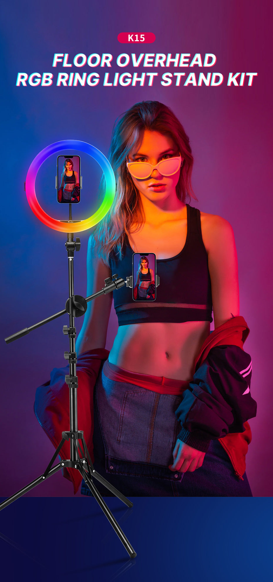 VIJIM K15 RGB Ring lamp with 170cm tripod, arm and remote